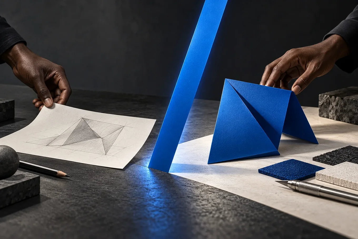 A paper concept becomes a crafted blue object across a luminous forward slash